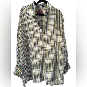 Robert Graham Men 2XL Plaid Purple Green Button Down Hawaiian Flower Flip‎ Cuffs